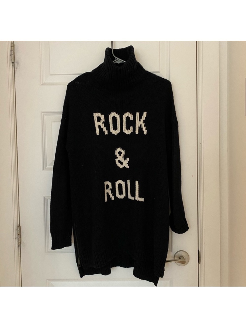 Zadig & Voltaire Black Turtleneck Sweater with White 'Rock & Roll' Intarsia - Picture 2 of 6